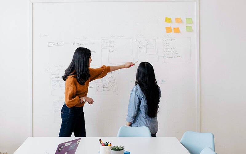 Une femmes expliquant un projet à une autre sur un tableau blanc